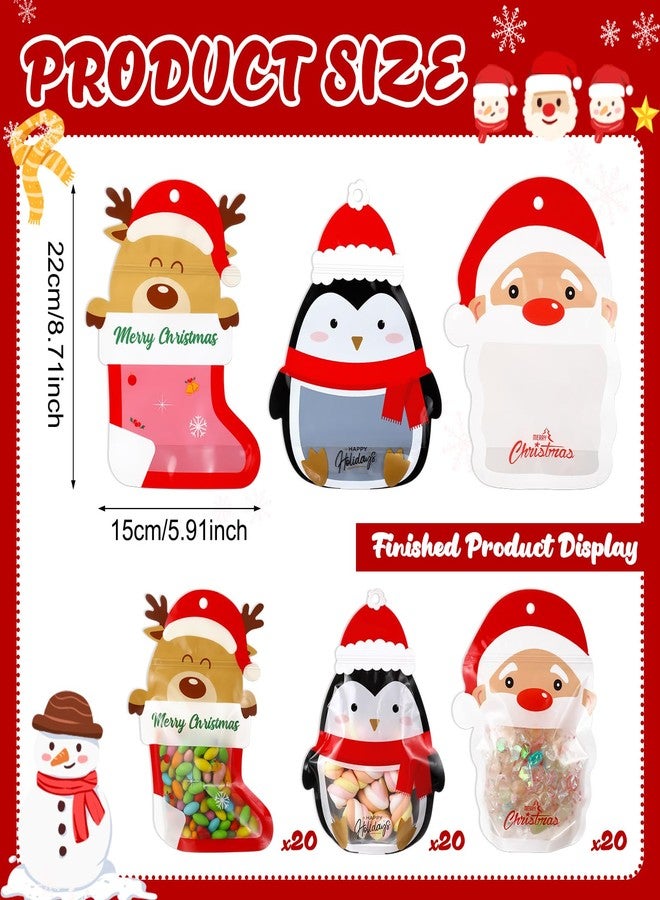 Resurhang 60 Pcs Christmas Treat Bags Candy Zipper Cute Reindeer Penguin Santa Claus Food Goodie Gifts Bags Resealable Christmas Snack Candy Containers with Handle for Xmas Party Supplies - Image 2
